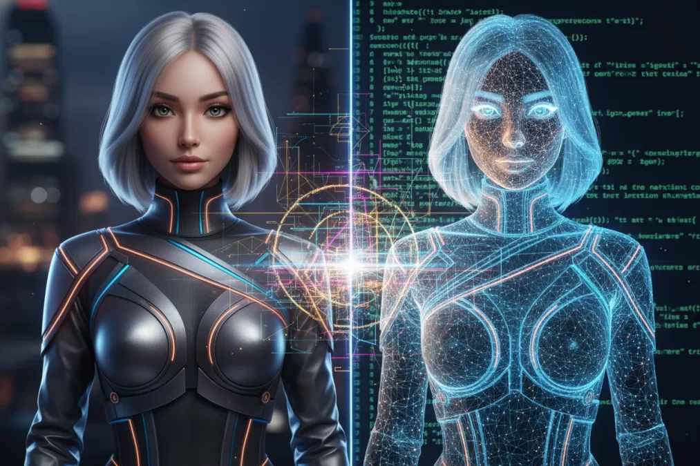 Virtual influencer concept showing AI-generated personality