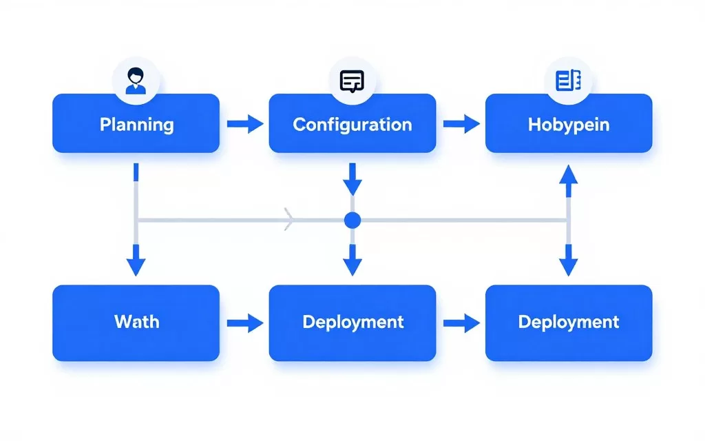 Visual workflow diagram showing chatbot implementation stages from setup to deployment