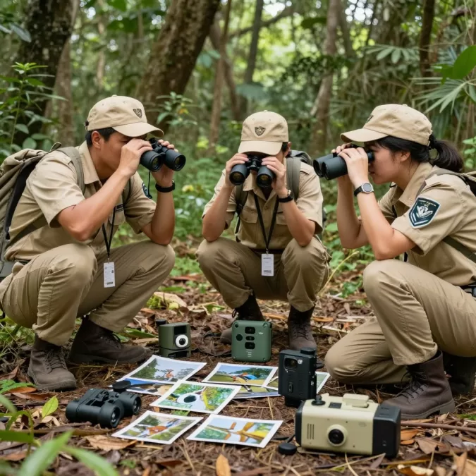 Wildlife conservation team monitoring animals with camera equipment