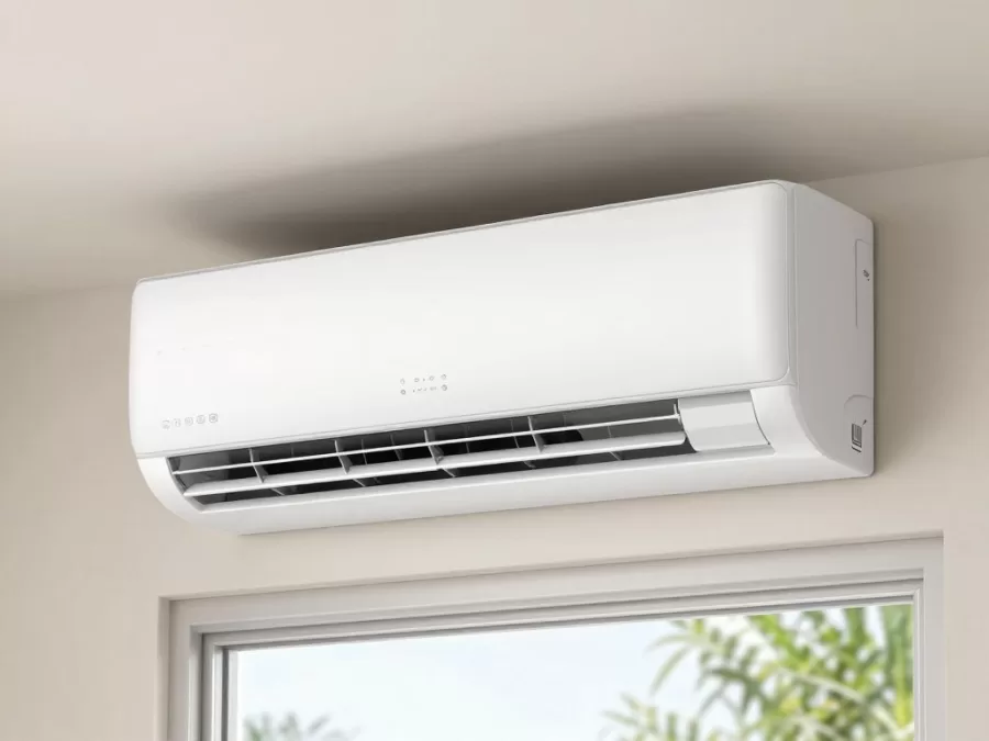 Window air conditioning unit installed in residential setting