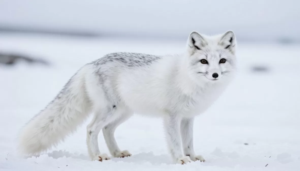 arctic fox with white winter coat in snowy landscape