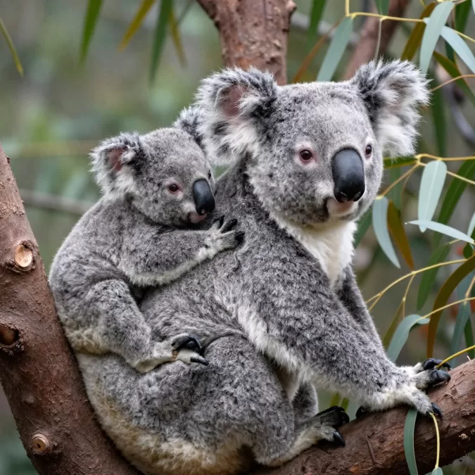 baby koala joey clinging to mother's back showing family bond
