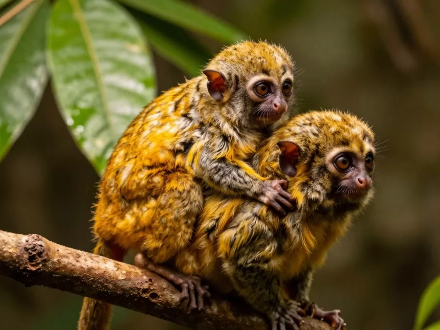 baby pygmy marmoset riding on parent's back showing family bond