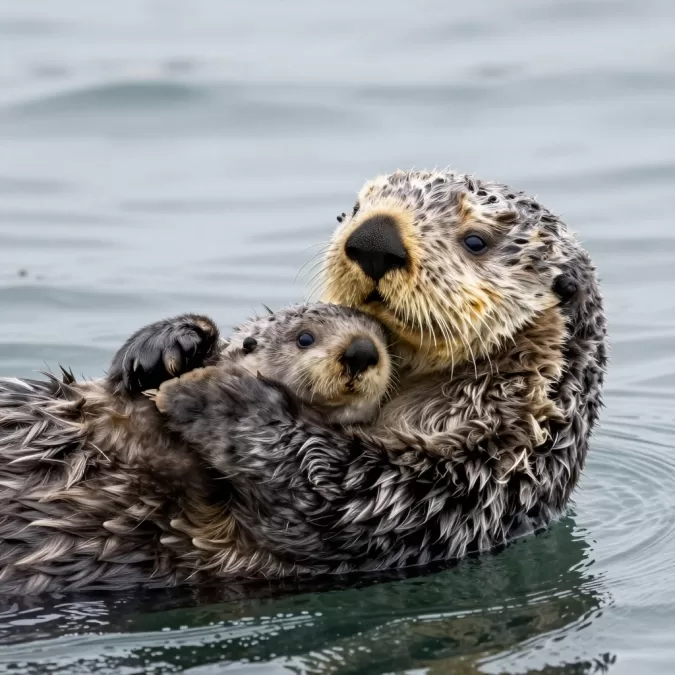 baby sea otter pup resting on mother's chest in water