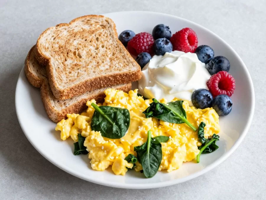 balanced breakfast with eggs, vegetables, and berries