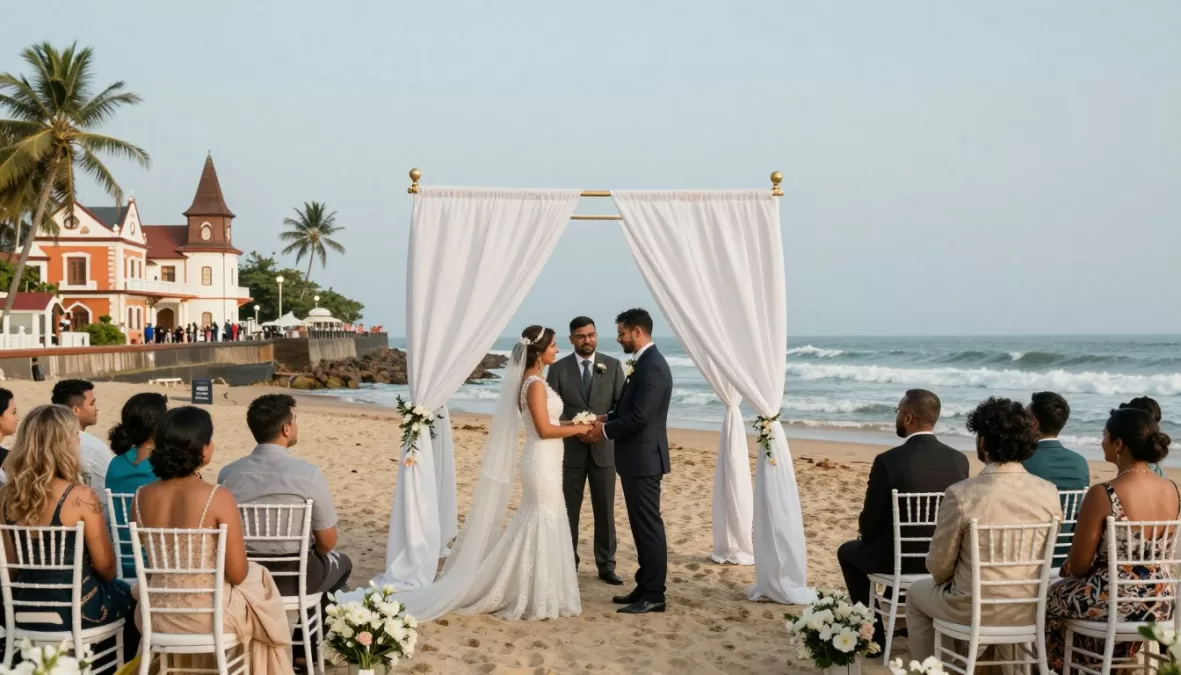 beach wedding ceremony in Pondicherry with French colonial backdrop