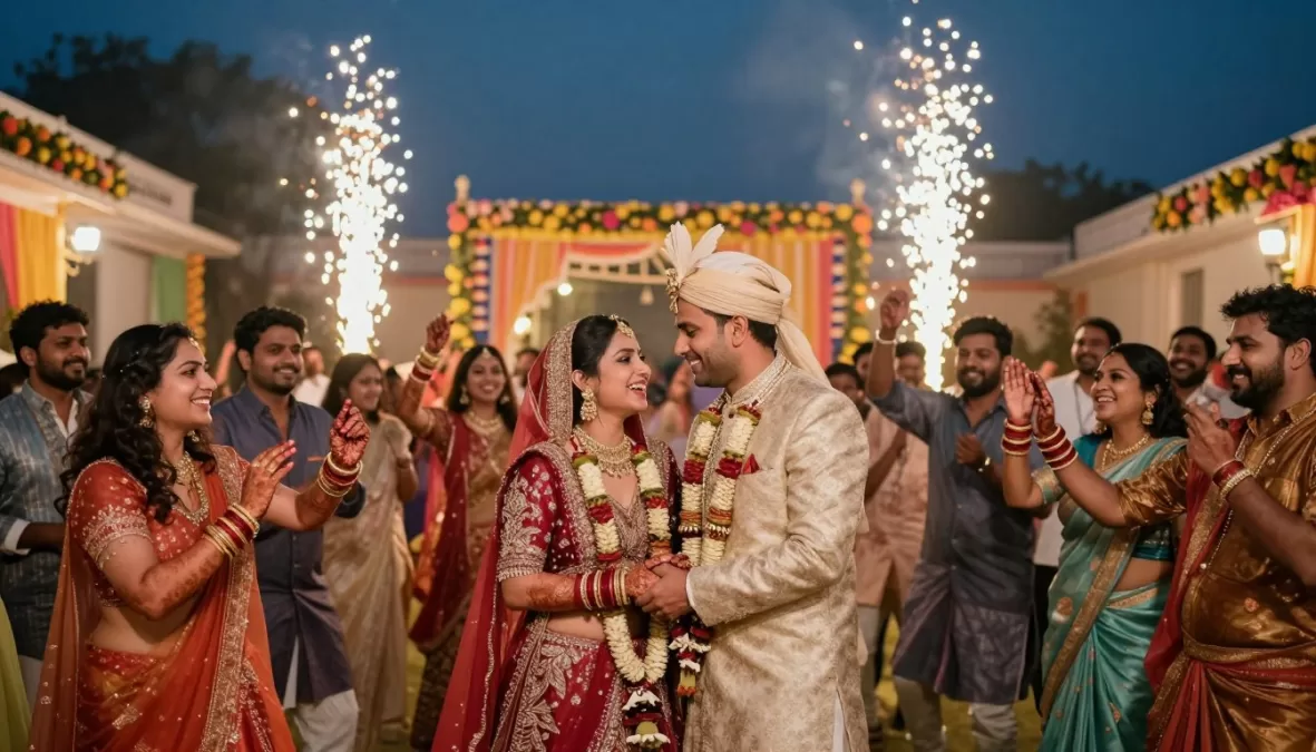 beautiful destination wedding celebration in India with happy couple and guests