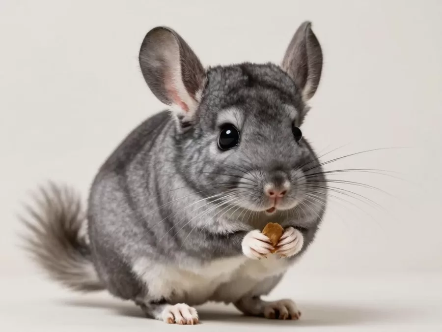 chinchilla with dense soft fur sitting upright holding food