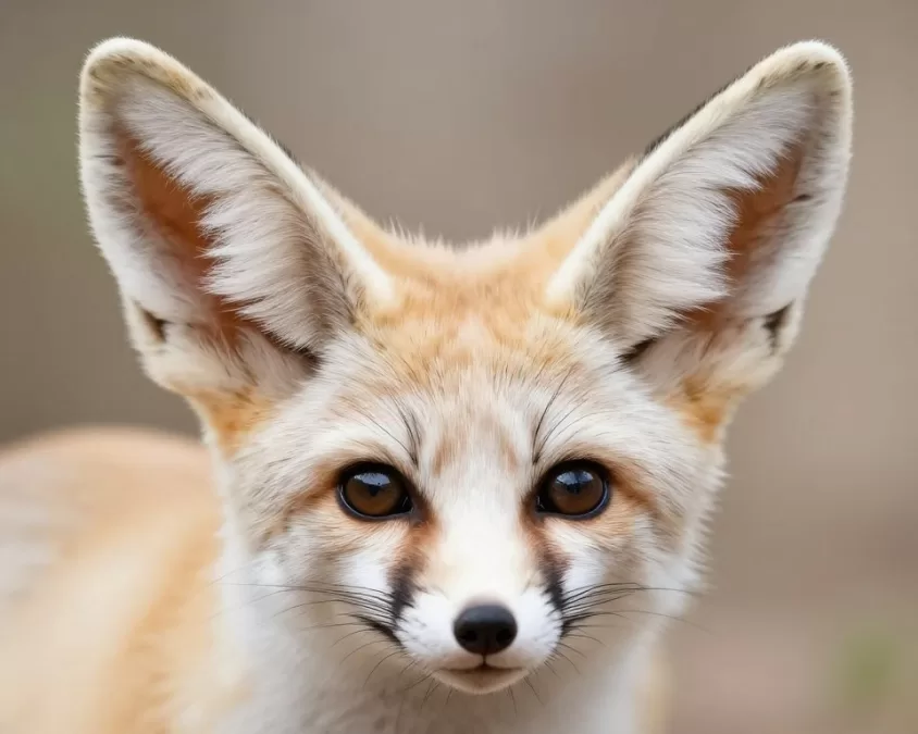 close-up of fennec fox face highlighting large ears and expressive dark eyes
