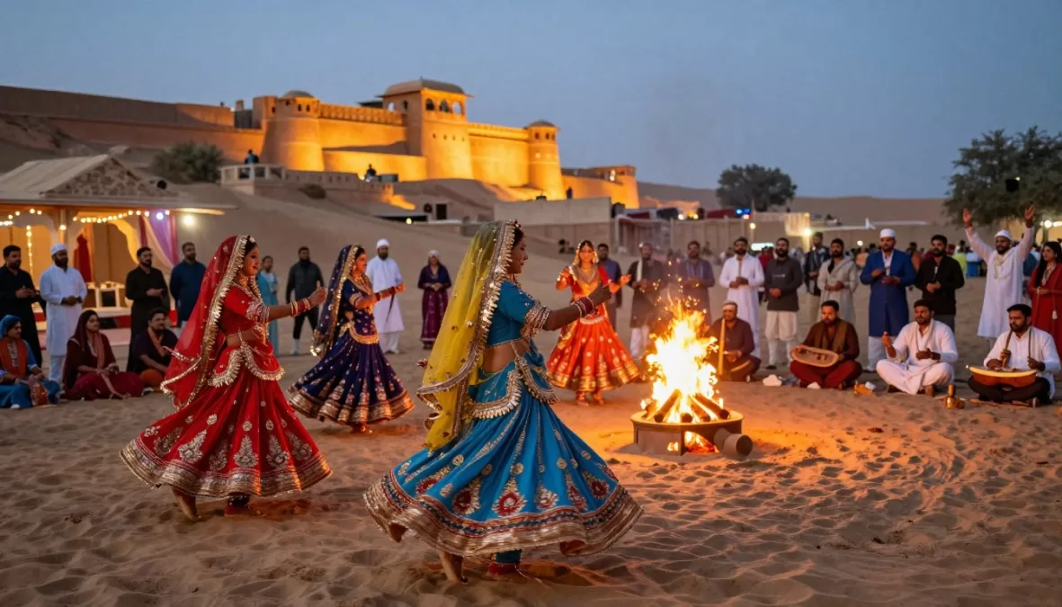 desert wedding celebration in Jodhpur with traditional folk performers and fort backdrop