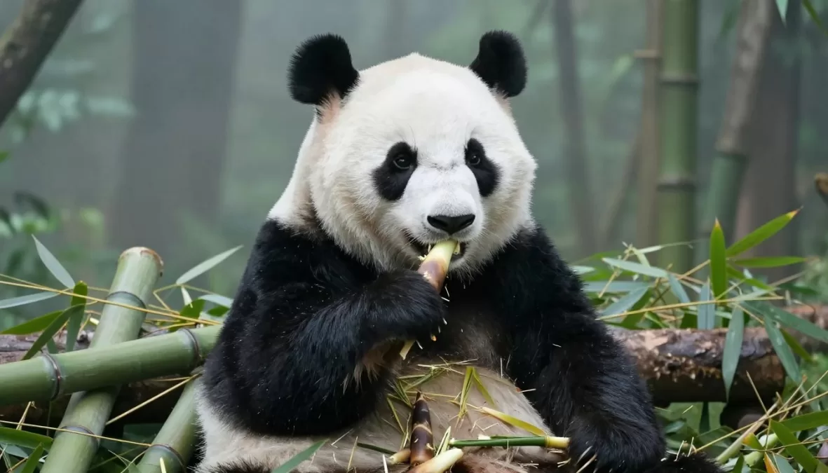 giant panda eating bamboo in lush forest habitat showing distinctive black and white fur pattern