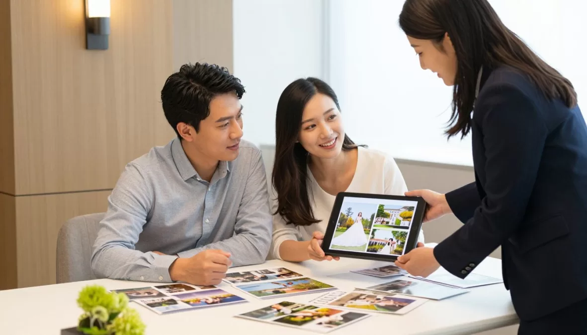 happy couple planning destination wedding with consultant reviewing venue options