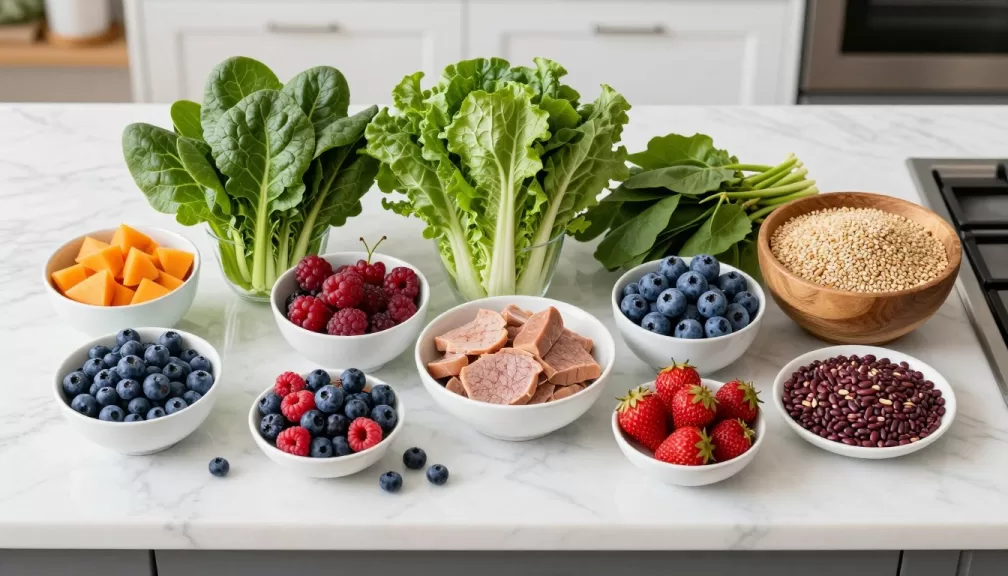 healthiest foods for weight loss arranged on a clean kitchen counter