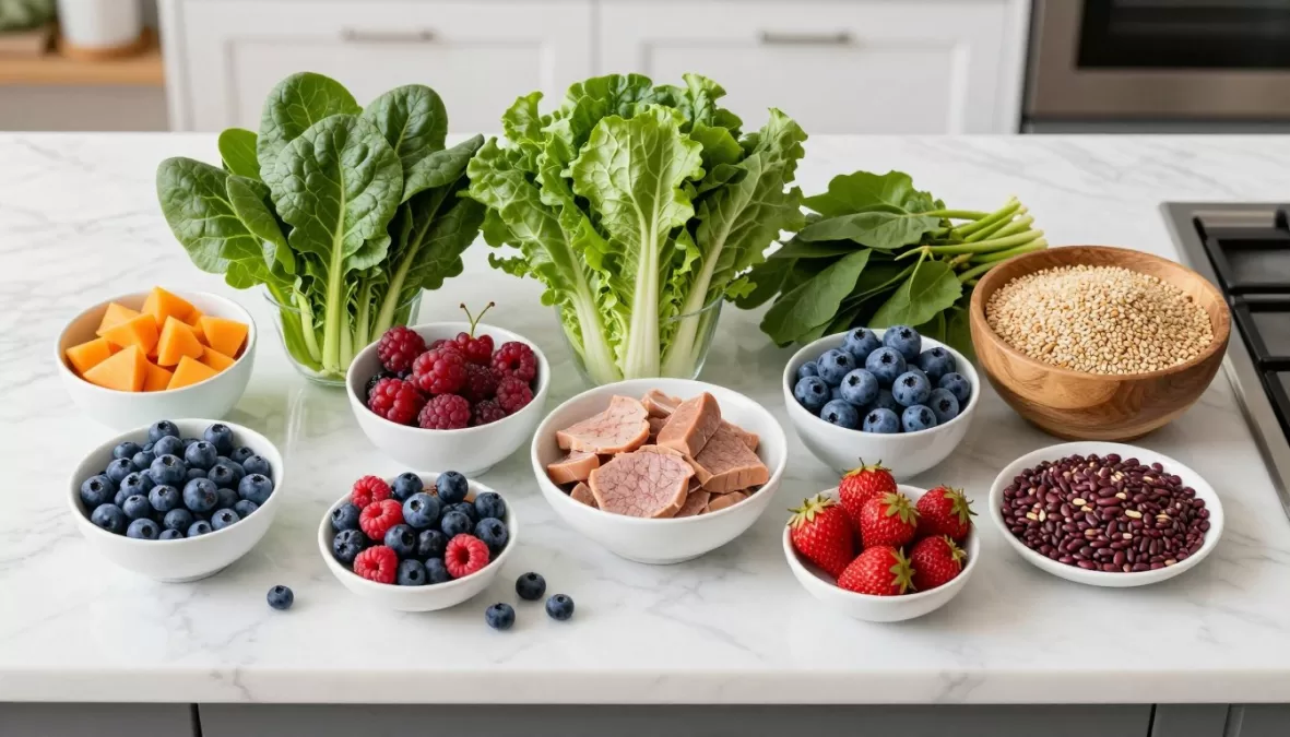 healthiest foods for weight loss arranged on a clean kitchen counter