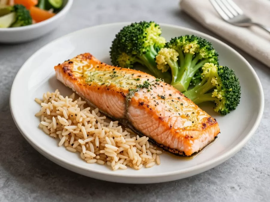 healthy dinner plate with fish and vegetables