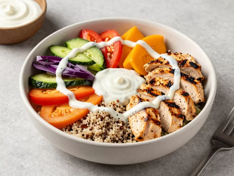 healthy lunch bowl with protein and vegetables