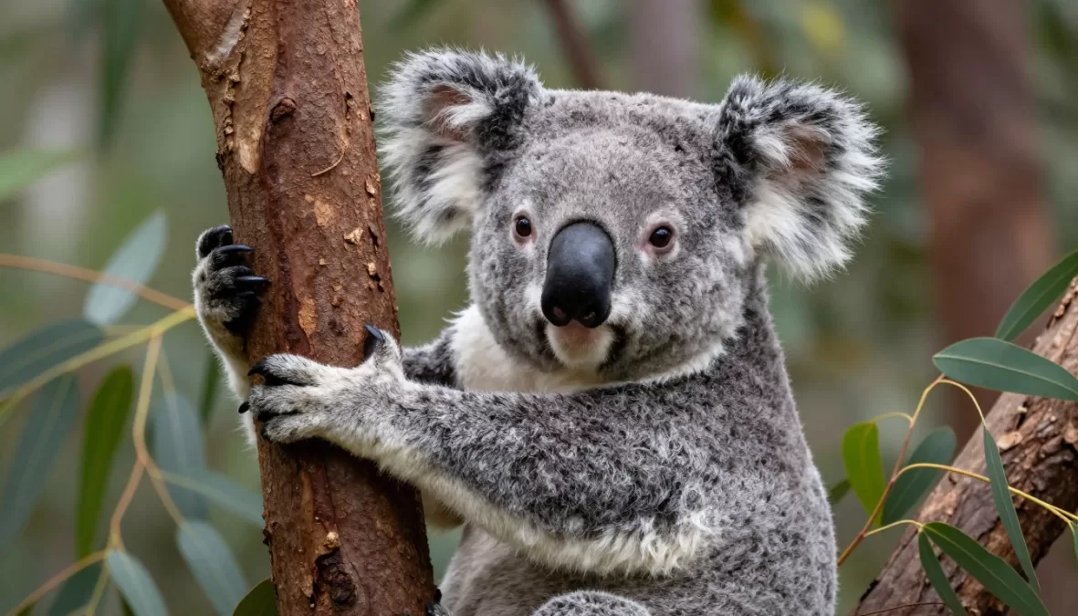 koala clinging to eucalyptus tree with fluffy gray fur and large nose