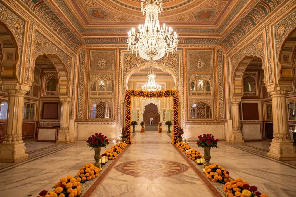 magnificent Jaipur palace wedding venue with traditional Rajasthani architecture and decorations
