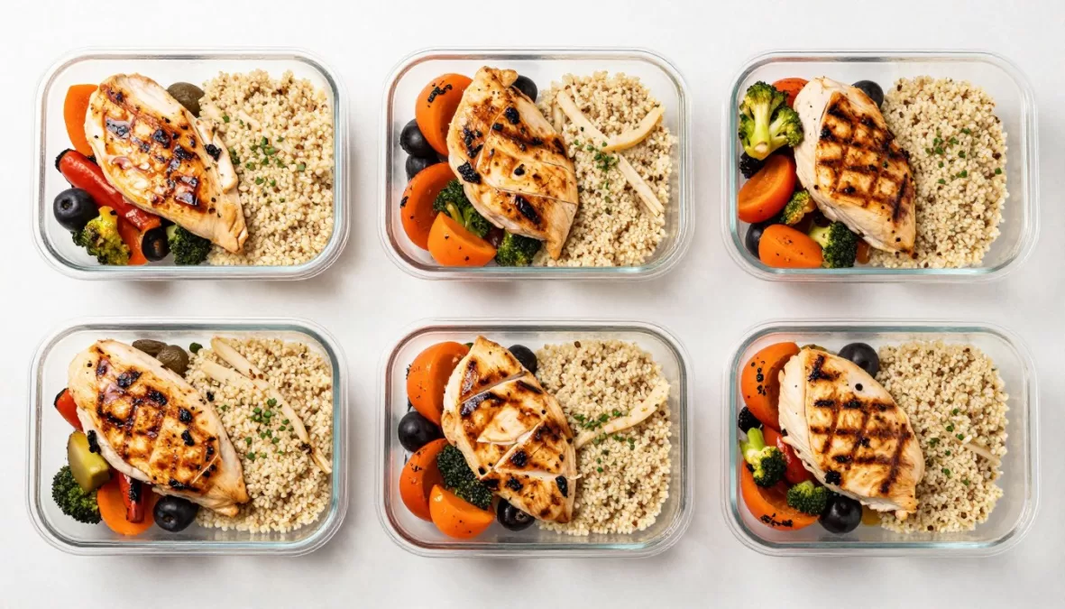 meal prep containers with chicken and vegetables
