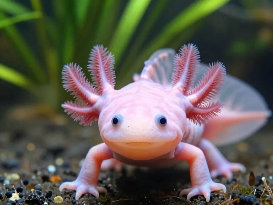 pink axolotl salamander underwater showing external gills and smile-like expression