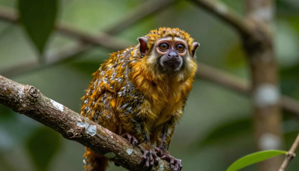 pygmy marmoset tiny monkey clinging to tree branch in rainforest