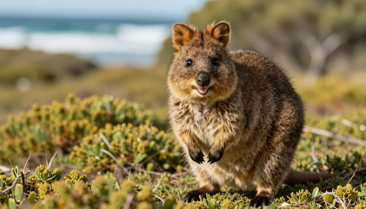 quokka with characteristic smile-like facial expression in Australian habitat