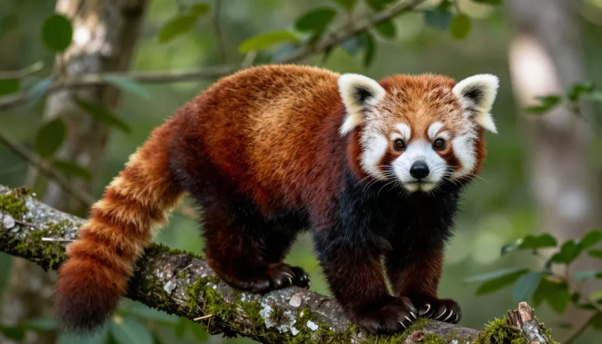 red panda with russet fur resting on tree branch in mountain forest