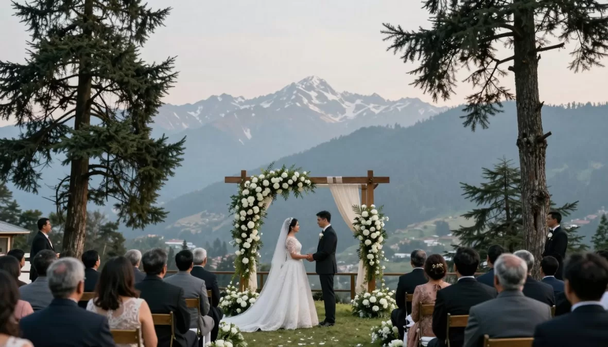 romantic mountain wedding ceremony in Mussoorie with Himalayan backdrop
