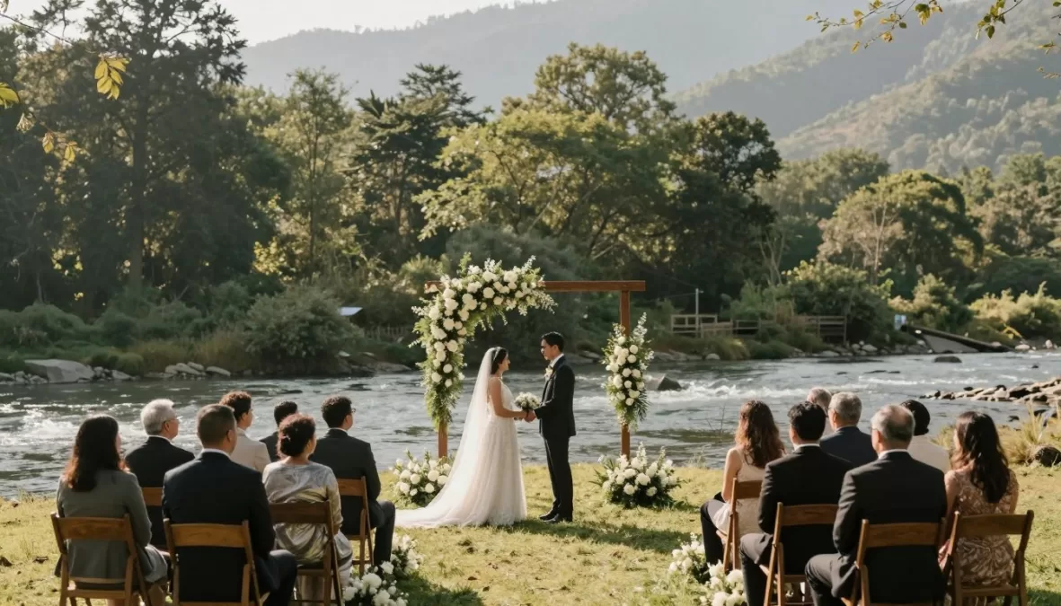 romantic riverside wedding ceremony in Jim Corbett with natural forest setting
