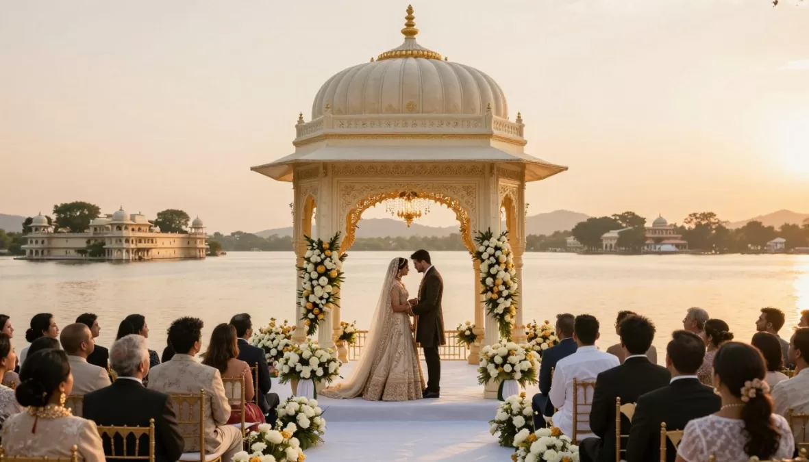 romantic wedding ceremony setup at Udaipur palace with lake backdrop and sunset
