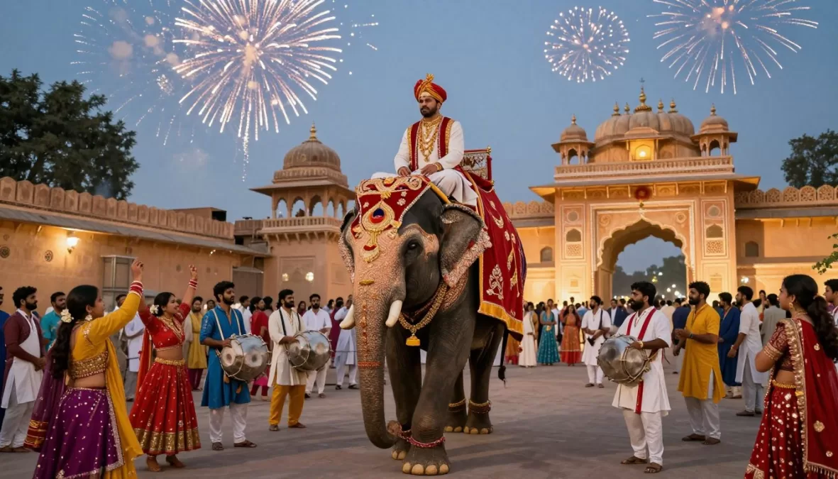 royal Jaipur wedding procession with decorated elephant and traditional celebrations