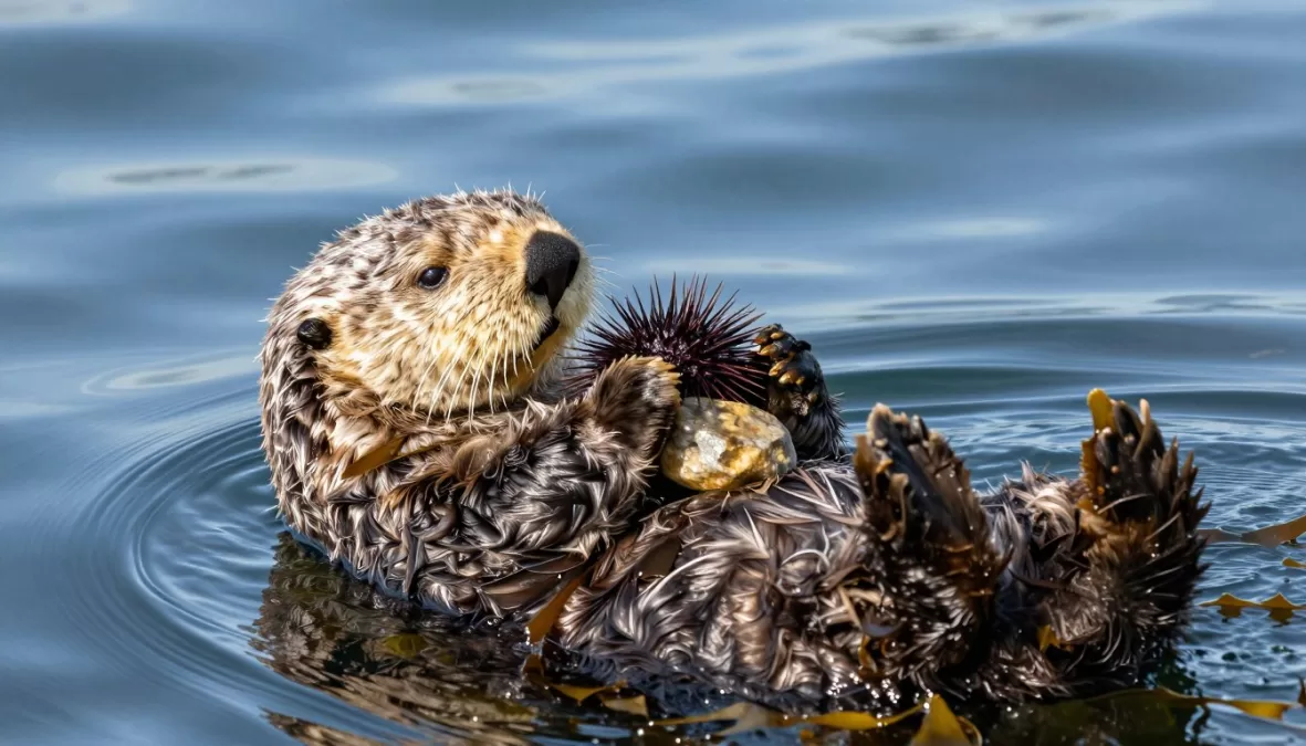 sea otter floating on back in ocean water holding sea urchin