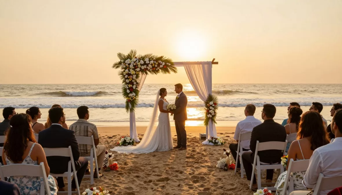 sunset beach wedding ceremony in Goa with decorated archway and ocean backdrop