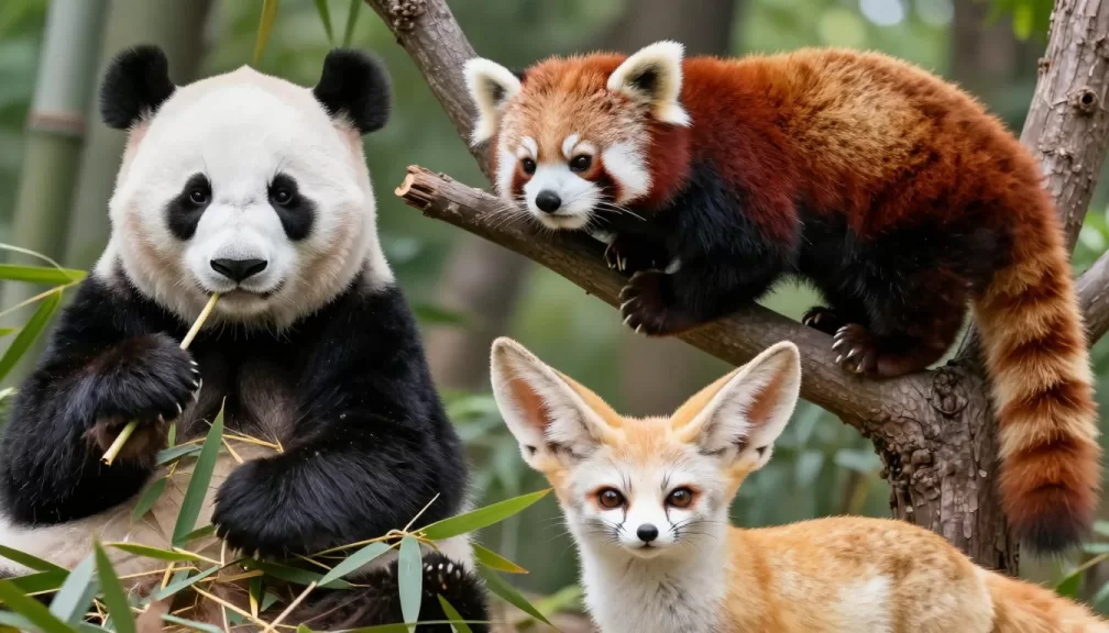 top 10 cutest animals collection featuring giant panda, red panda, and fennec fox in natural habitats