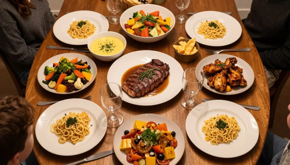 top 10 most popular dinners in the US featuring variety of American dinner dishes on family table
