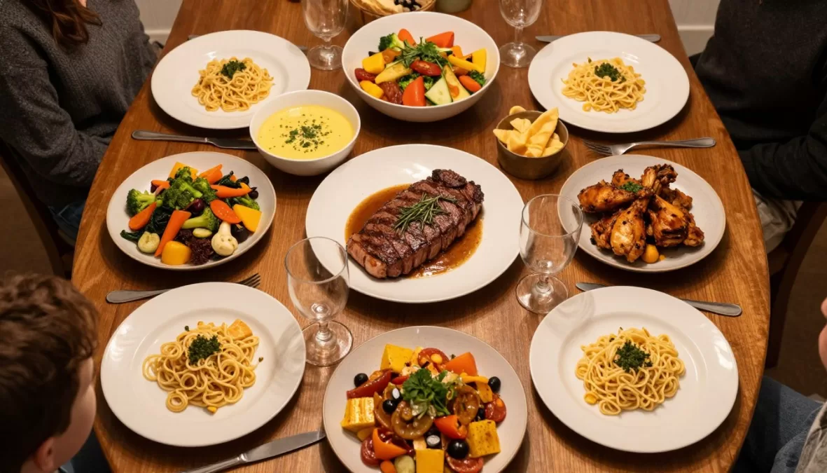 top 10 most popular dinners in the US featuring variety of American dinner dishes on family table