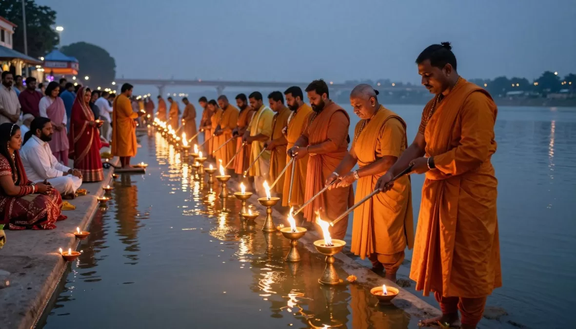 traditional Ganga Aarti ceremony at Rishikesh during wedding celebration