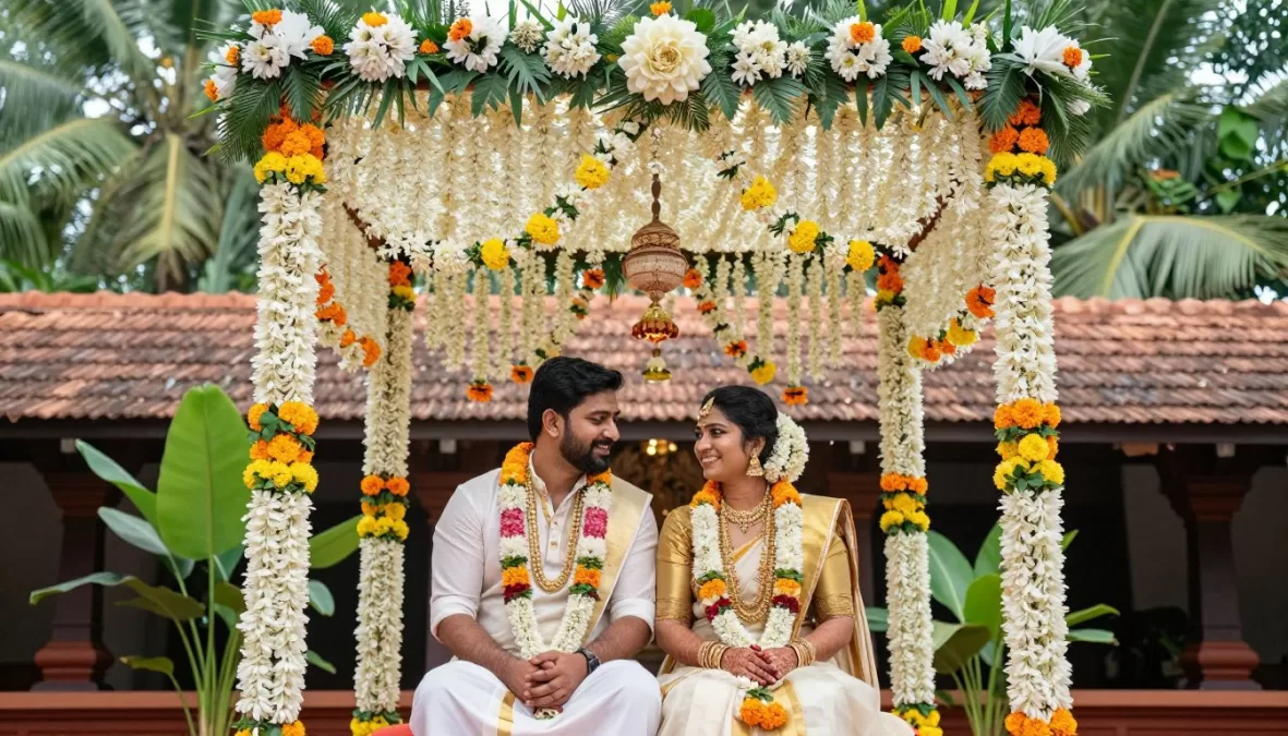 traditional Kerala wedding ceremony with flower decorations and tropical setting