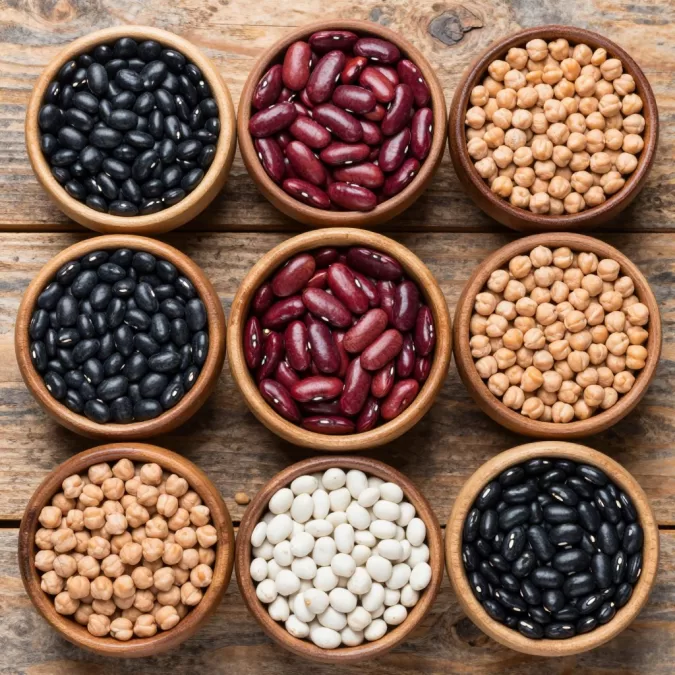variety of beans and legumes high in fiber and protein