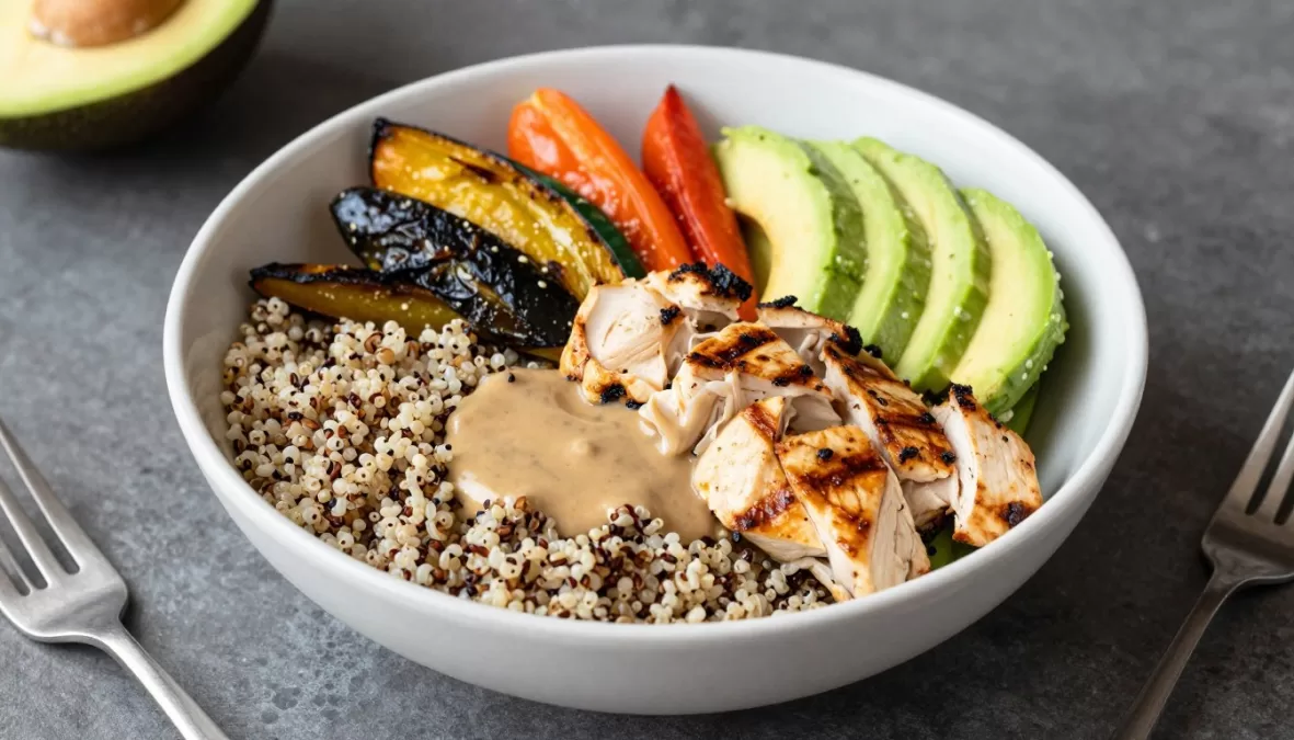 whole grain bowl with vegetables and protein