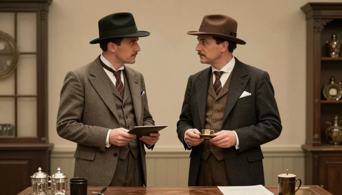 1930s con artists planning elaborate scheme in period setting