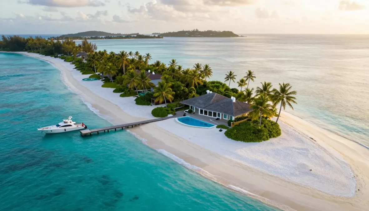 Aerial view of private island owned by wealthy family