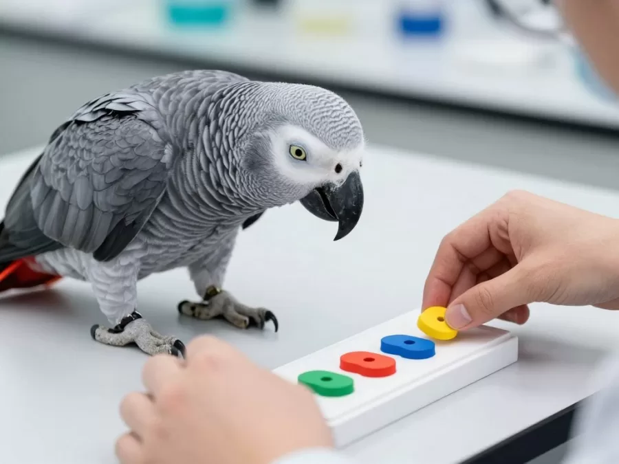 African grey parrot solving color and shape matching puzzle with researcher