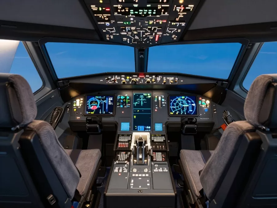 Airbus ACJ350 cockpit with advanced avionics