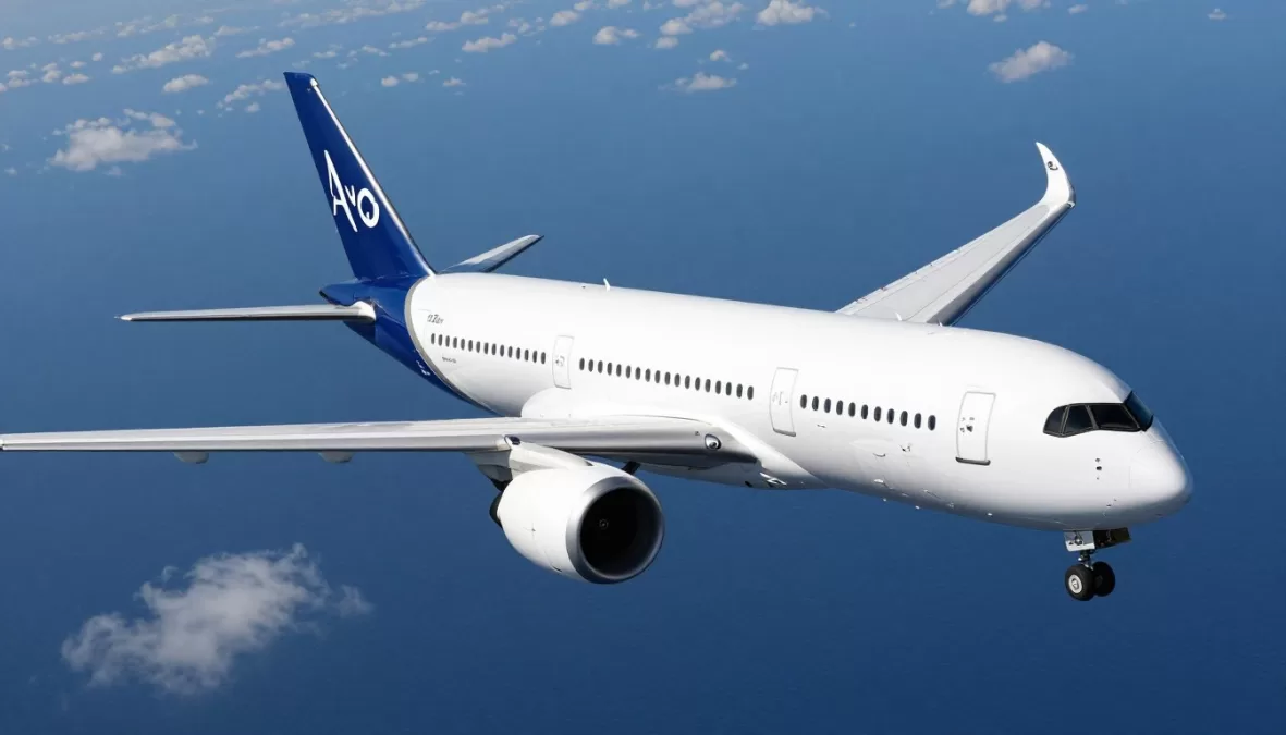Airbus ACJ350 private jet in flight over ocean