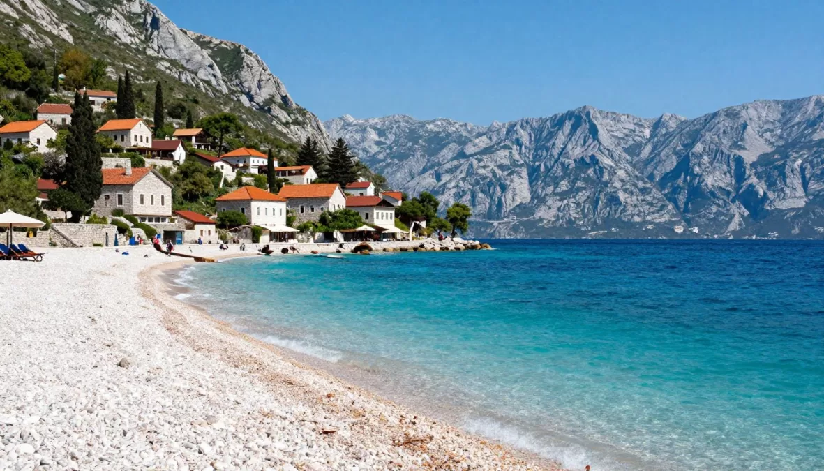 Albanian Riviera pristine beach with turquoise water and mountains