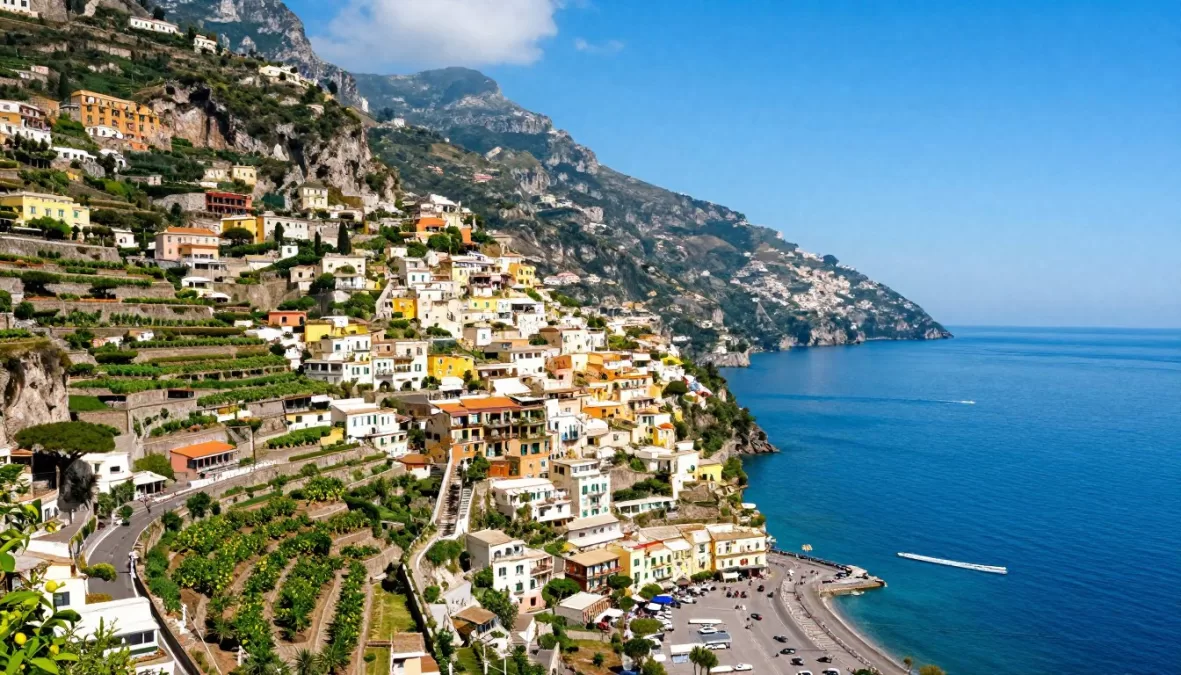 Amalfi Coast colorful villages on cliffs overlooking sea