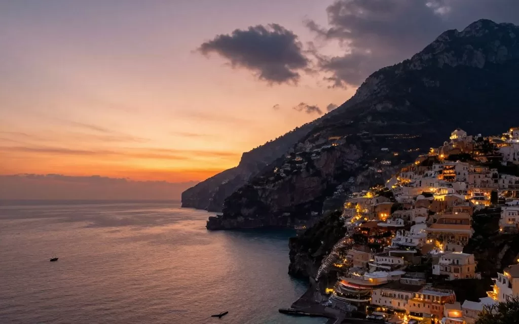 Amalfi Coast sunset over Mediterranean Sea