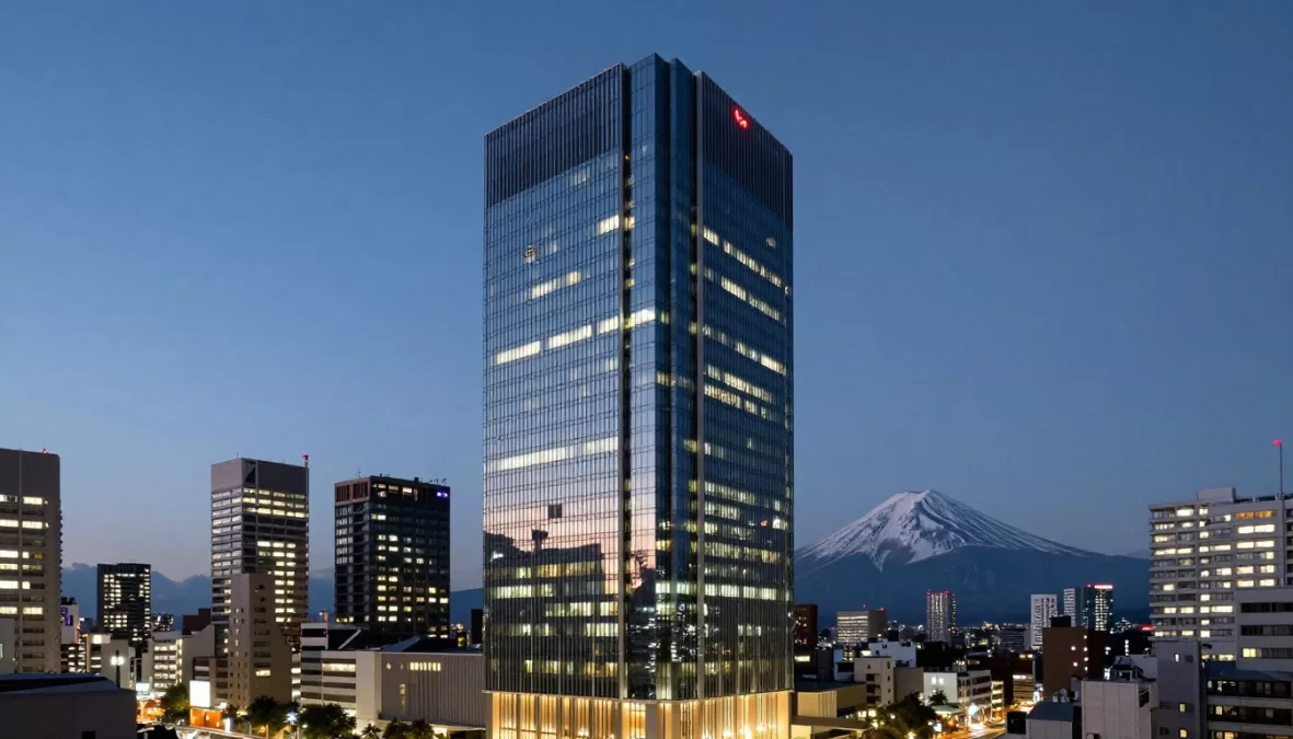 Aman Tokyo luxury hotel exterior towering above Tokyo skyline at dusk