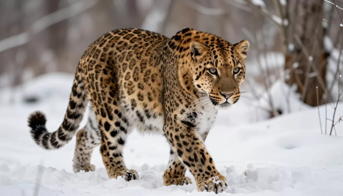 Amur leopard in snowy forest showing distinctive spotted coat pattern of rarest big cat